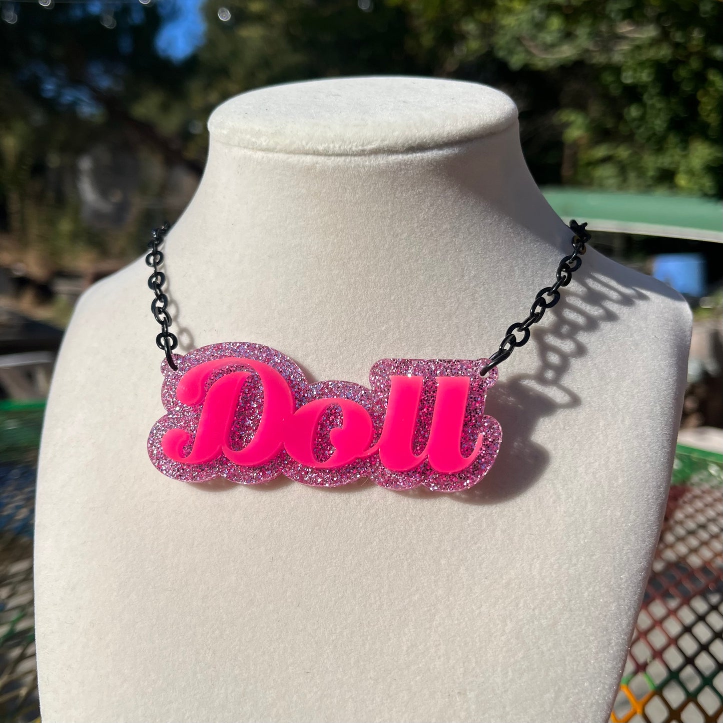Sparkly Glittery Hot Pink Doll Necklace
